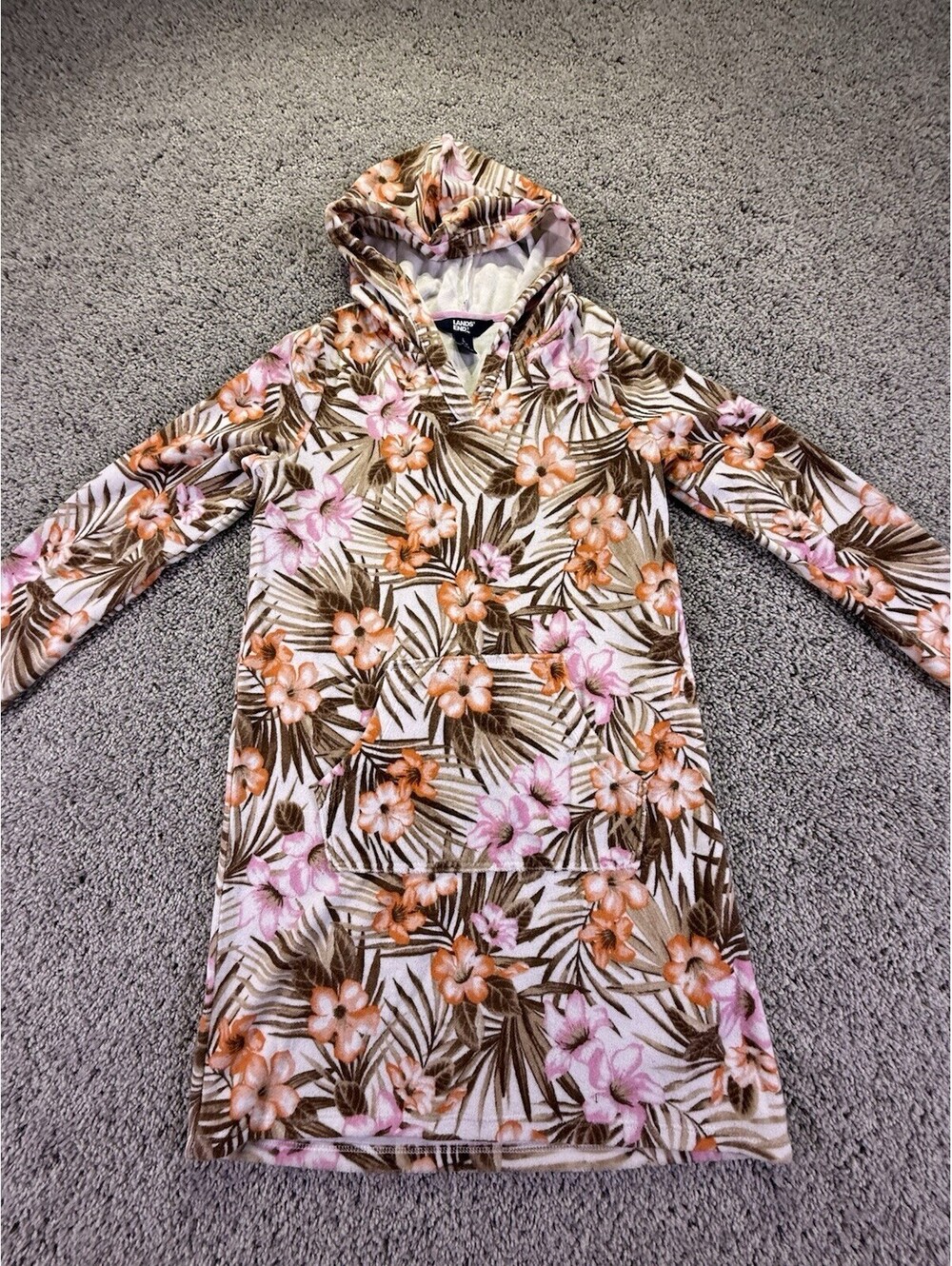 Lands’ End Girls Cover Up Swimwear Size L 10-12 Floral Pink Orange Brown Hooded